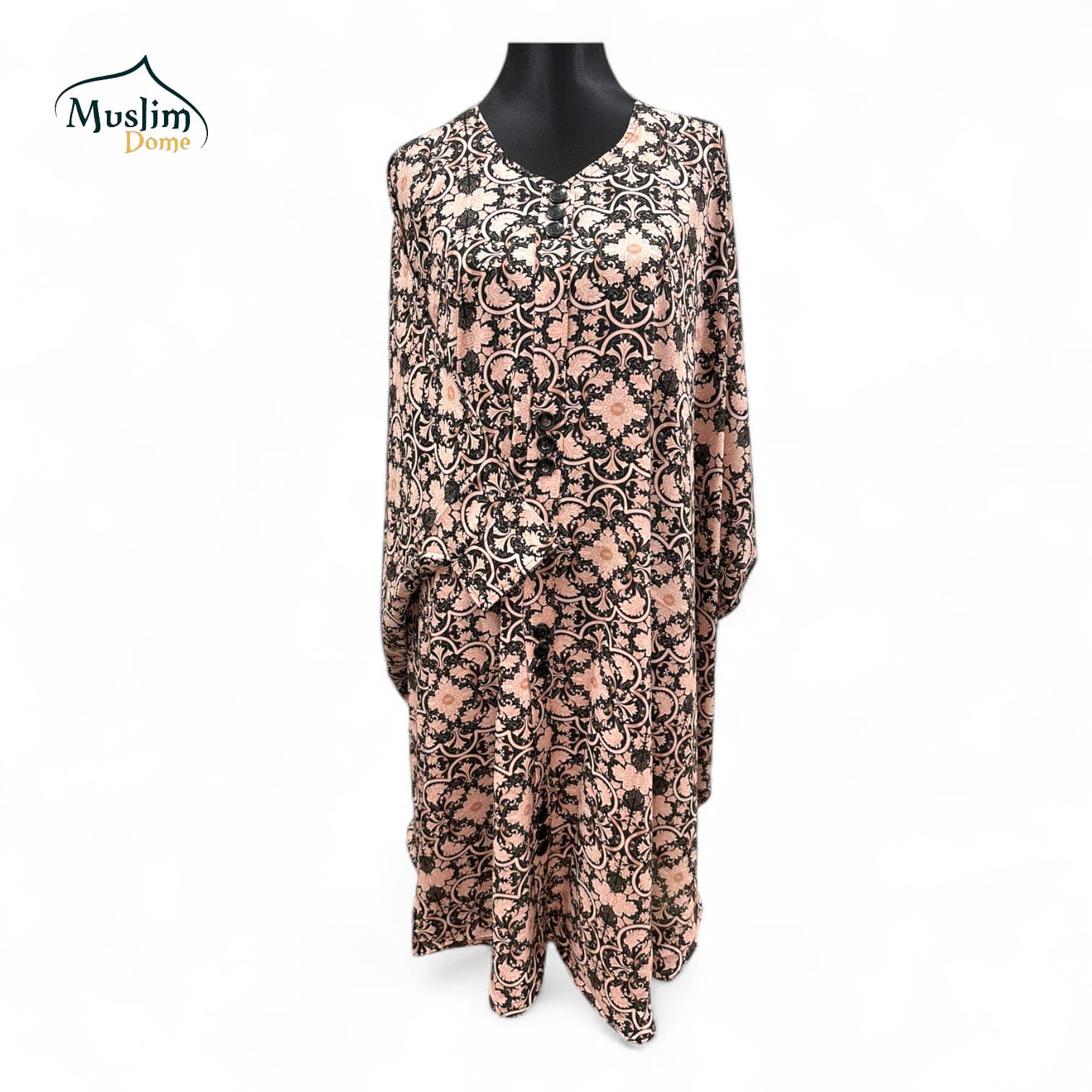 Abaya – Flower Printed Black Light Pink