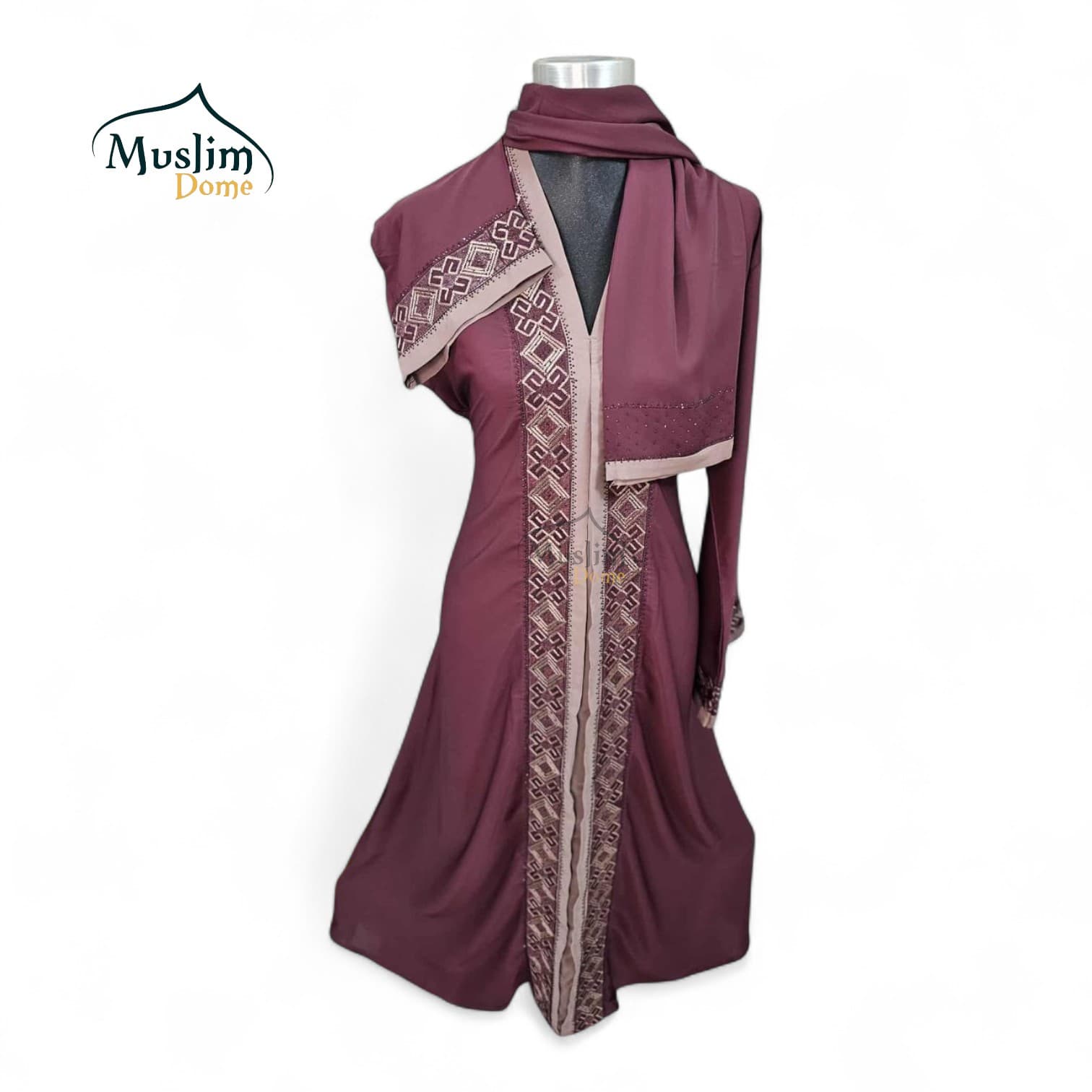 Borka with Scarf – Embroidery & Stone Design – Maroon
