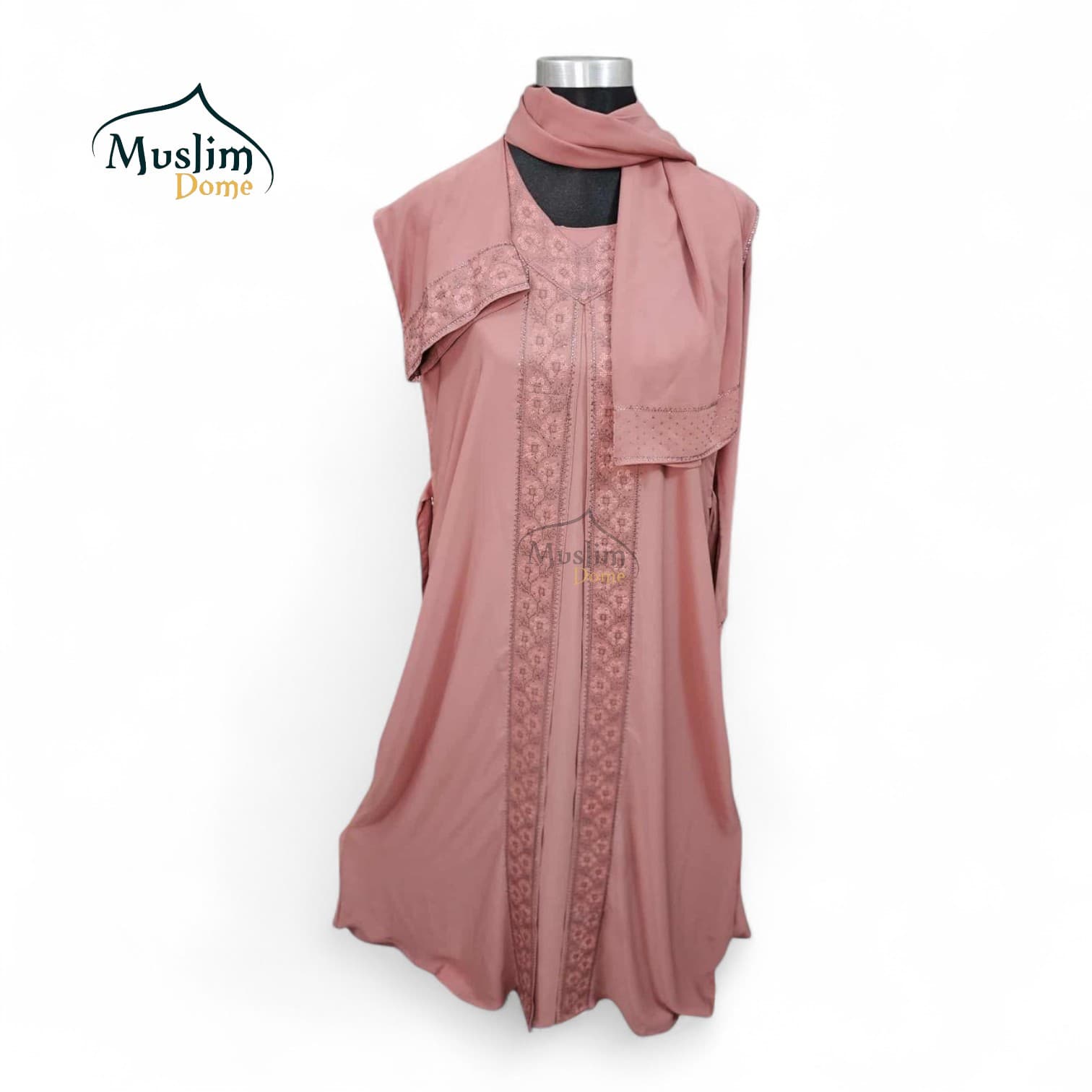 3 Piece Borka with Stone Design – Separate Koti & Scarf – Pink